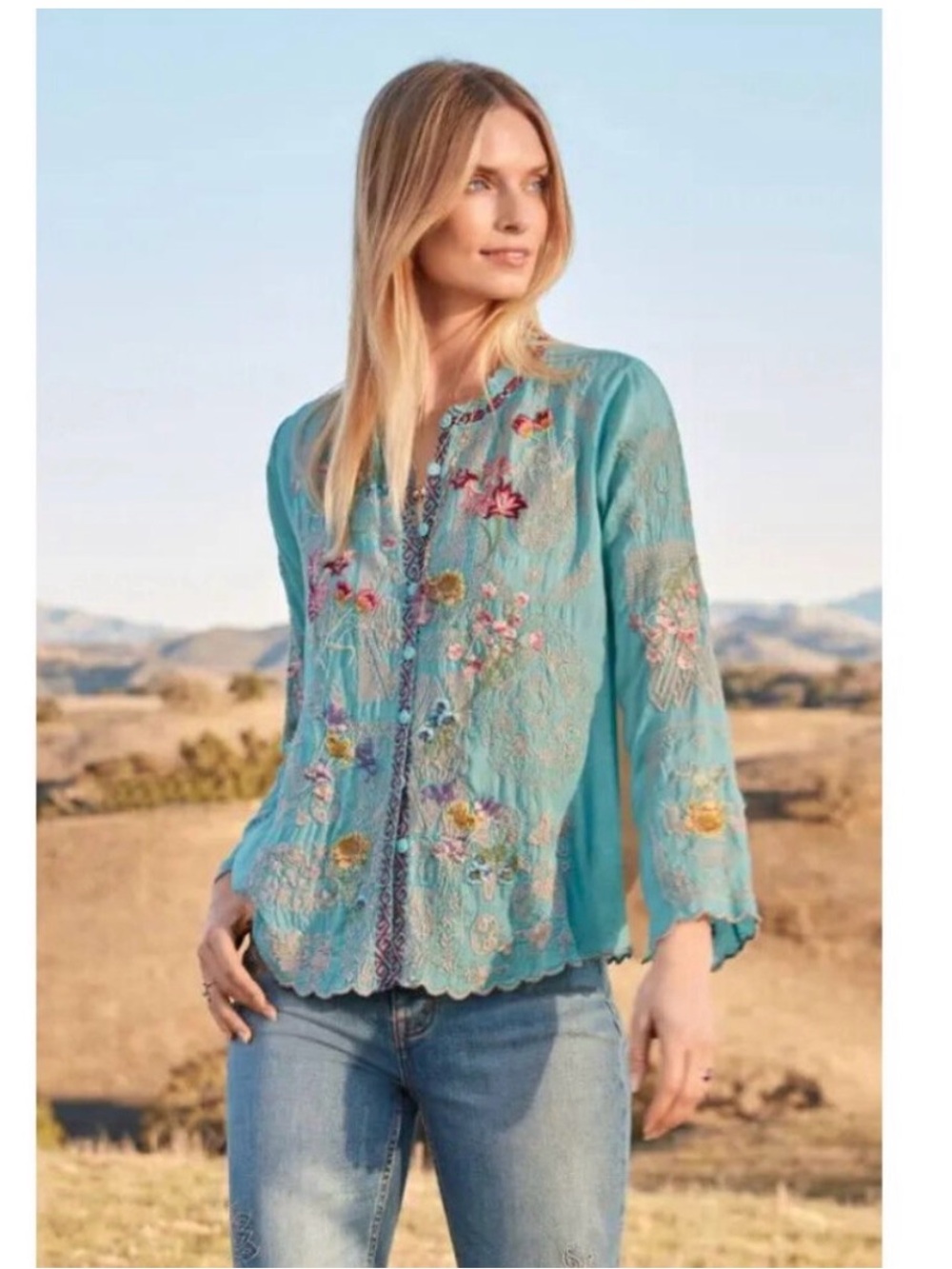 Johnny Was Allbee Blouse Marine Blue Long Shirt Flower Embroidery Top, Medium
